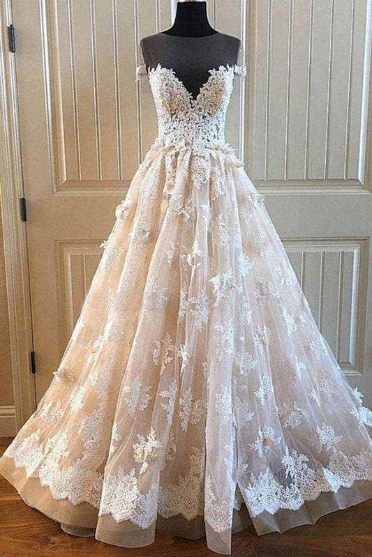 Champagne round neck lace long prom dress, champagne wedding dress