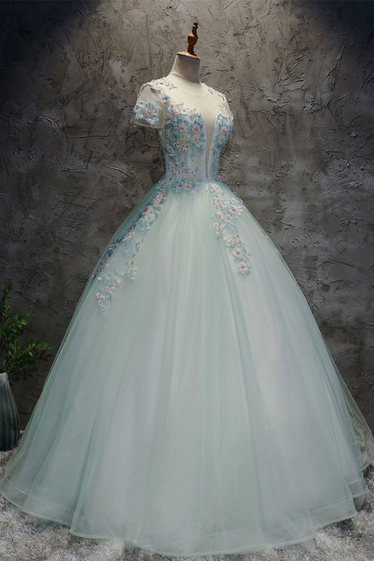 Unique light green tulle lace long prom dress, sweet 16 dress