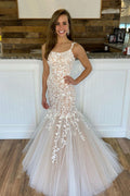 Champagne tulle lace mermaid long prom dress, lace evening dress