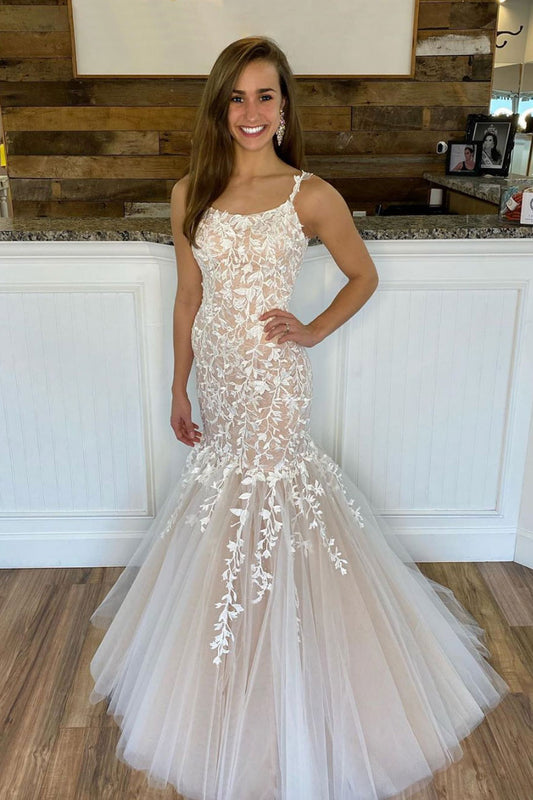 Champagne tulle lace mermaid long prom dress, lace evening dress