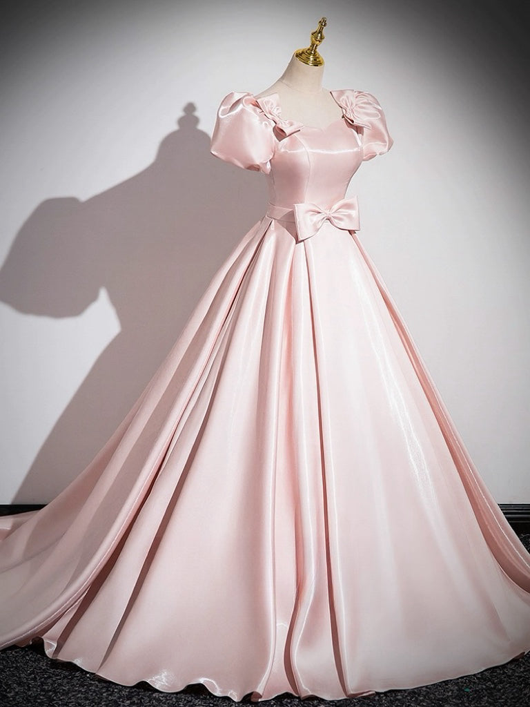 A-Line Satin Pink Long Prom Dress, Pink Long Formal Dress