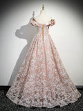 A-Line Off Shoulder Tulle Lace Pink Long Prom Dress, Pink Long Evening Dress