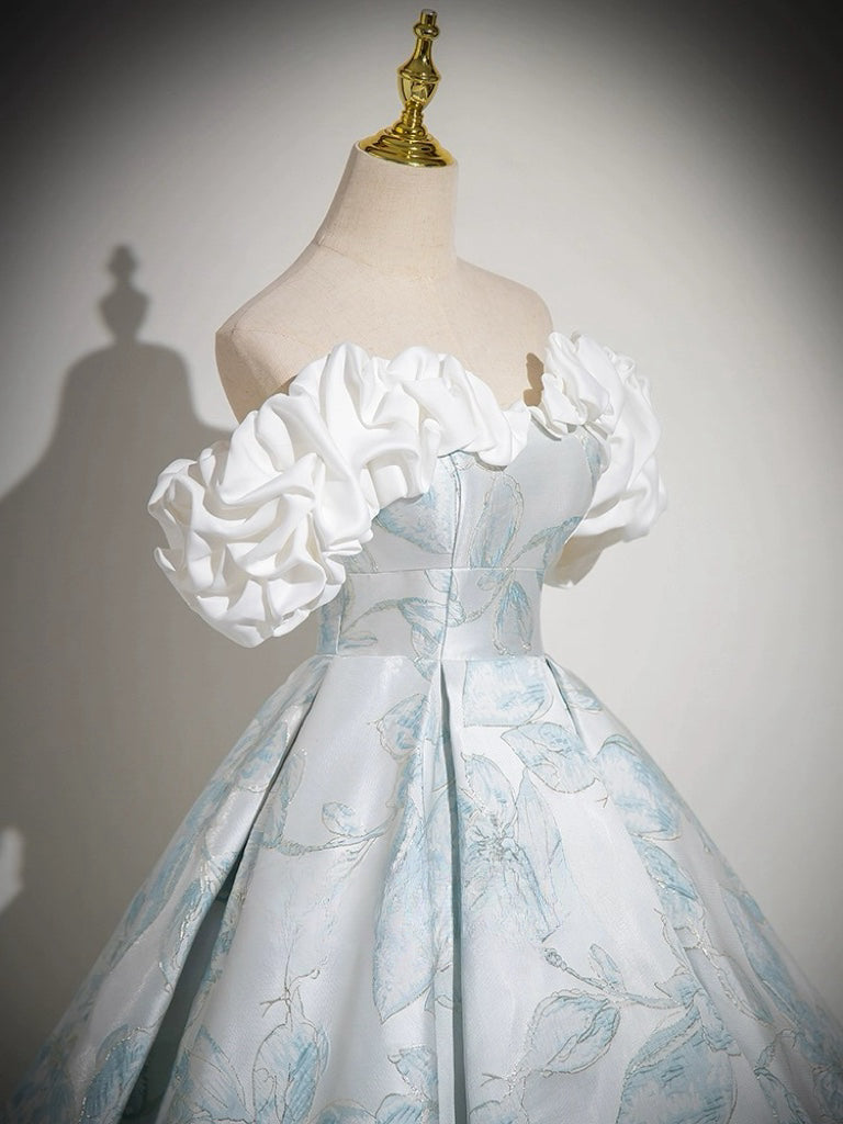 A-Line Off Shoulder Satin Blue Long Prom Dress, Blue Long Formal Dress