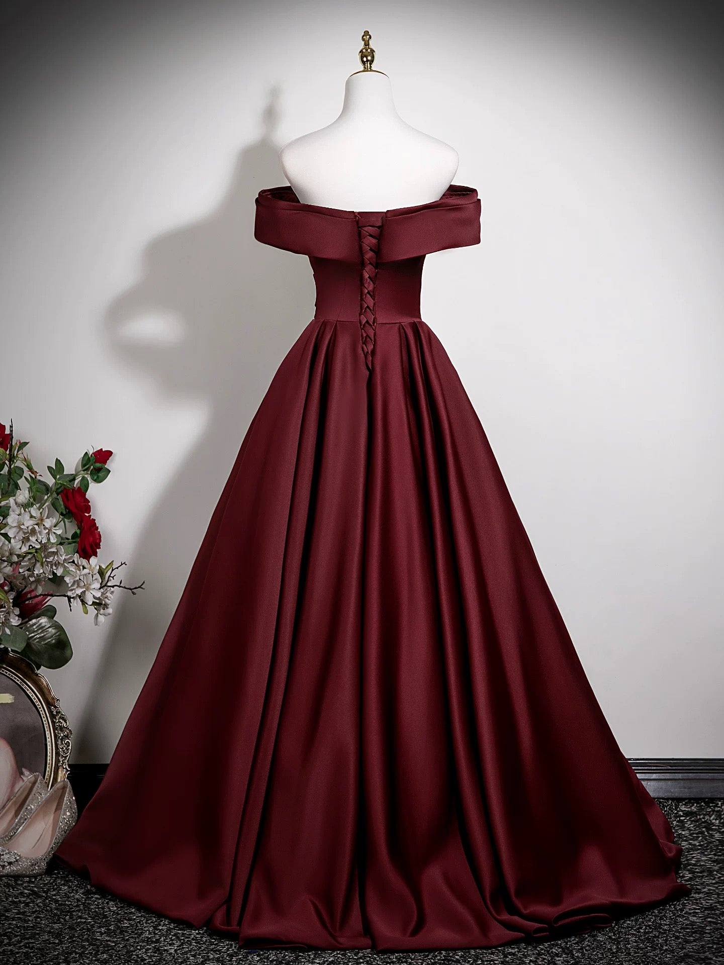 A-Line Off Shoulder Satin Burgundy Long Prom Dress, Burgundy Long Formal Dress