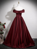 A-Line Off Shoulder Satin Burgundy Long Prom Dress, Burgundy Long Formal Dress