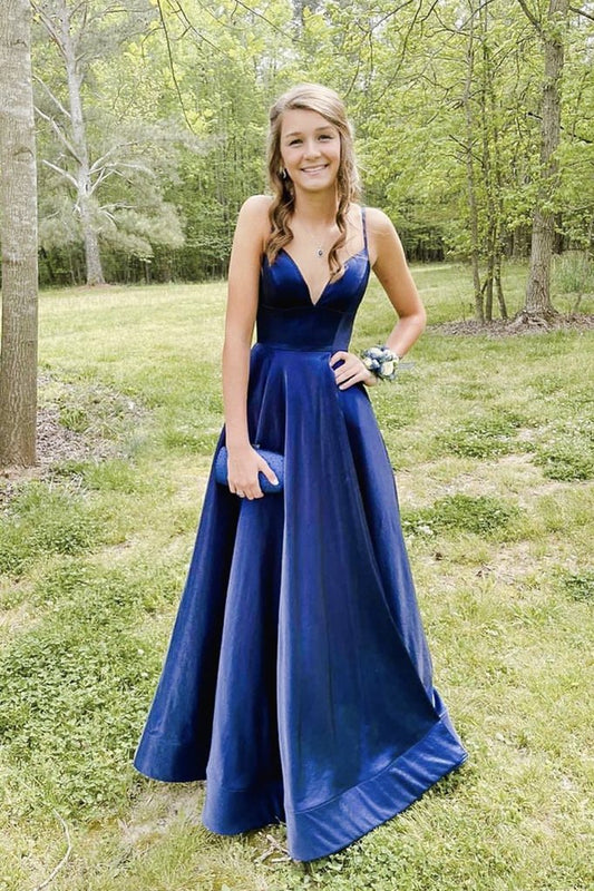 Simple blue v neck satin long prom dress blue formal dress