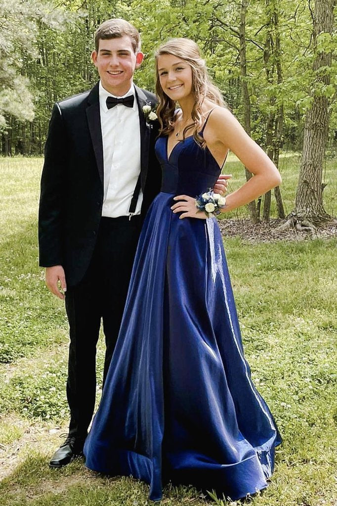 Simple blue v neck satin long prom dress blue formal dress