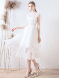 White round neck tulle lace short prom dress, lace bridesmaid dress
