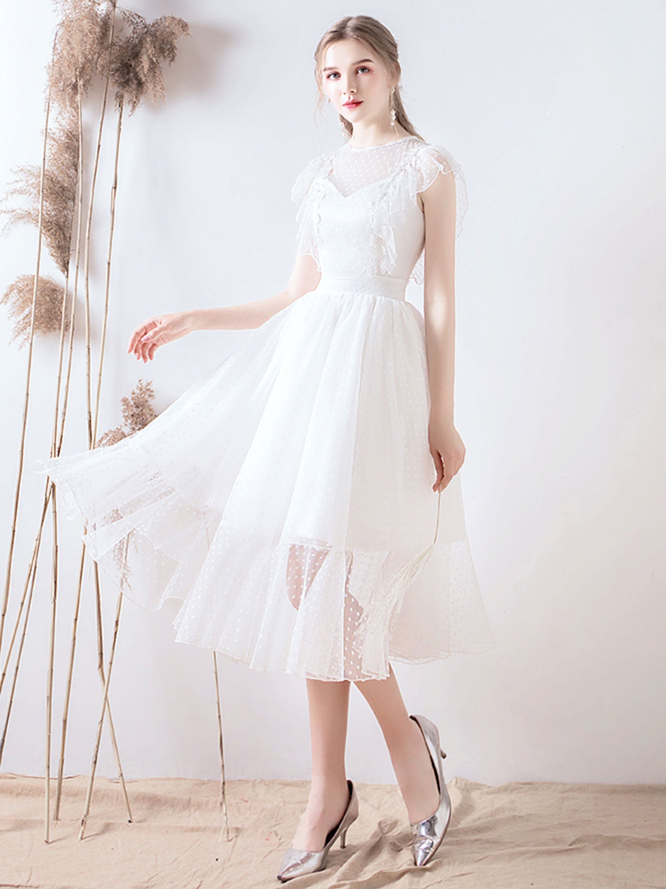 White round neck tulle lace short prom dress, lace bridesmaid dress