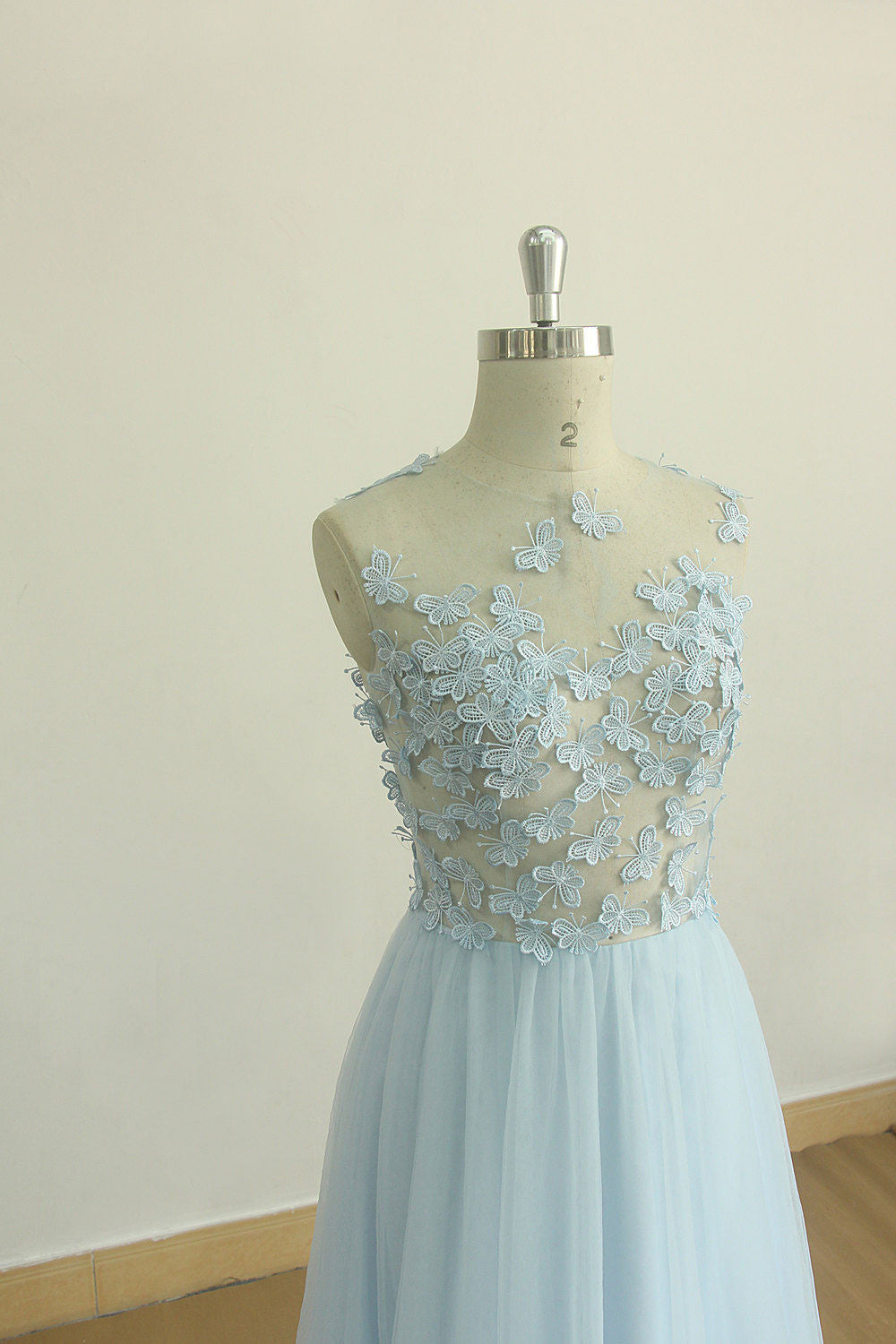 Blue round neck tulle long prom dress, tulle evening dress