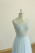 Blue round neck tulle long prom dress, tulle evening dress