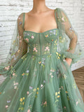 Green tulle lace tea length prom dress, green evening dress