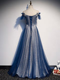 Blue tulle lace sequin long prom dress, blue tulle formal dress