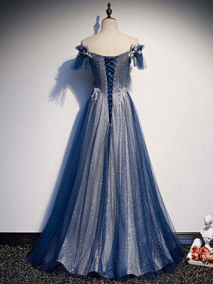 Blue tulle lace sequin long prom dress, blue tulle formal dress