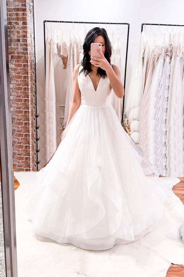 Simple white v neck tulle long prom dress white tulle formal dress