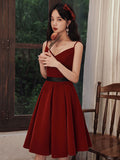 Burgundy velvet v neck short prom dress, burgundy homecoming dress