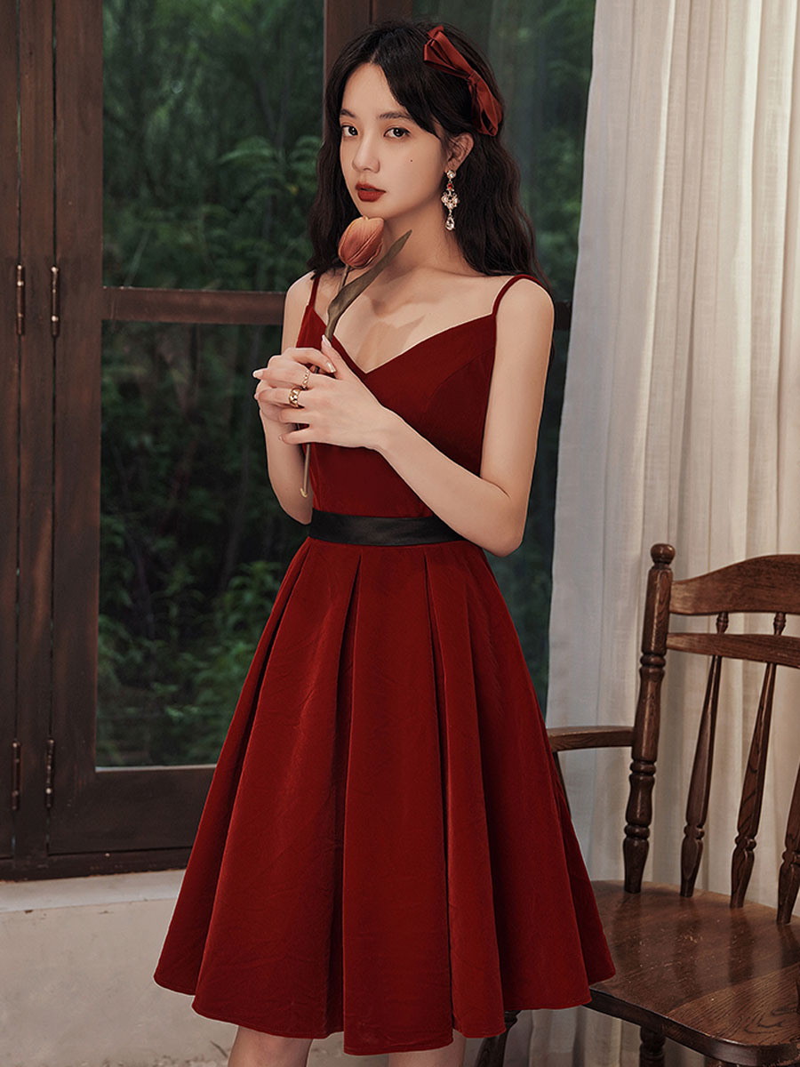 Burgundy velvet v neck short prom dress, burgundy homecoming dress