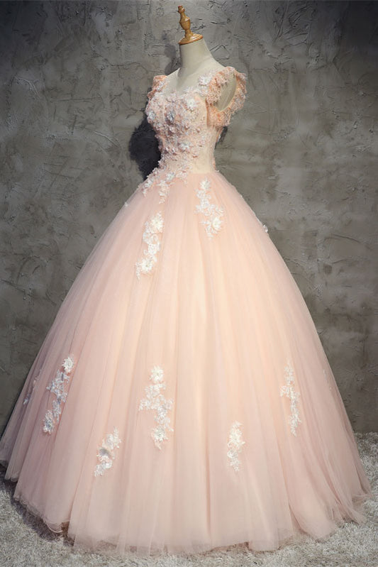 Pink tulle lace long prom dress, pink tulle evening dress