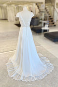 White v neck lace chiffon long prom dress, white evening dress