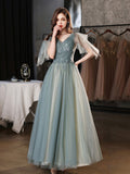 Green v neck tulle lace long prom dress green tulle formal dress