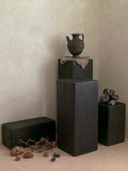 Charcoaled Pedestal Stand - Solid Wood - Display Base for Home Decor, Sculptures, or Plants