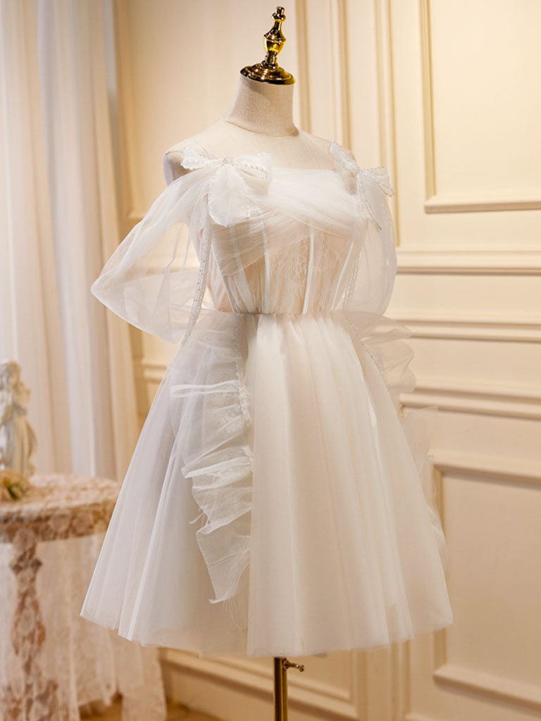A-Line Tulle Light Champagne Short Prom Dress, Light Champagne Homecoming Dress