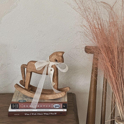 Vintage Wooden Rocking Horse Décor – Rustic Accent Piece with Ribbon