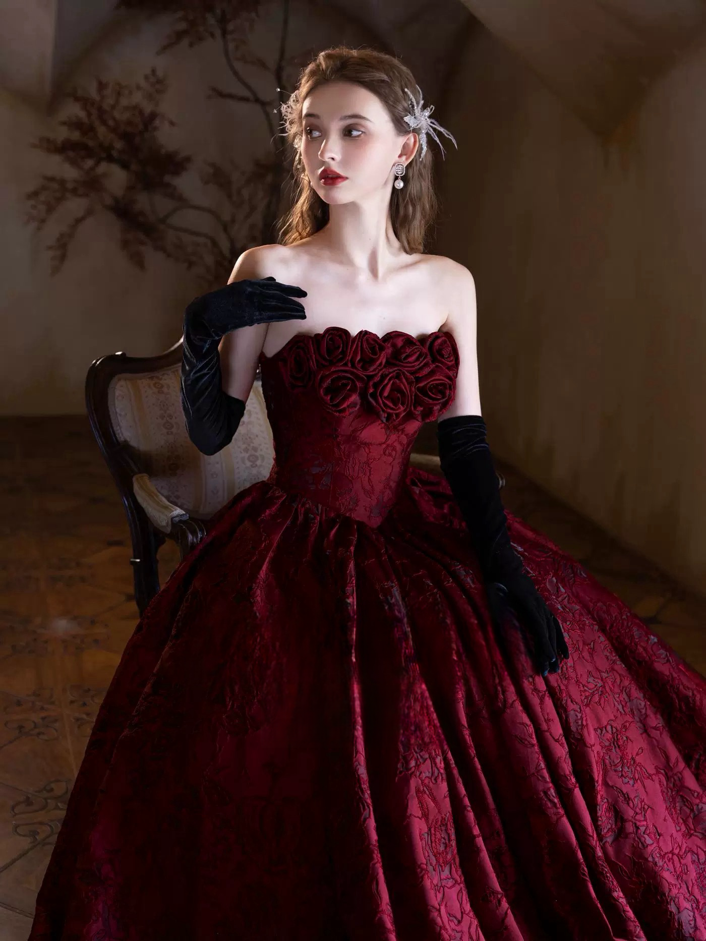 A-Line Off Shoulder Printed Satin Burgundy Long Prom Dress, Burgundy Long Formal Dress