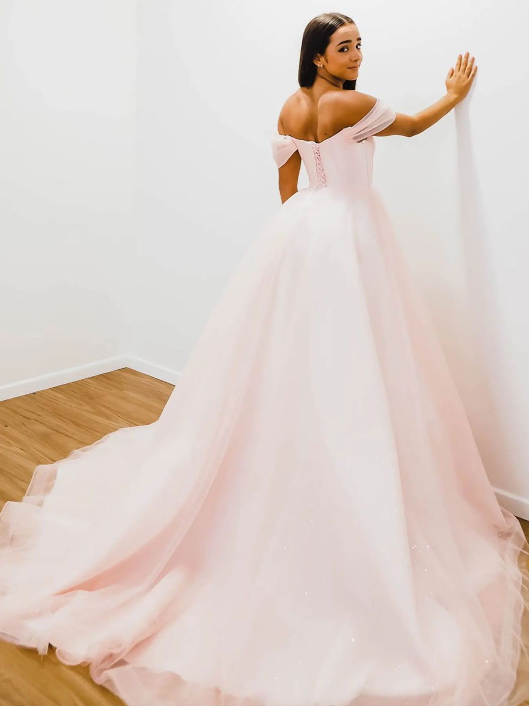 Pink off shoulder tulle long prom dress, pink A line evening dress