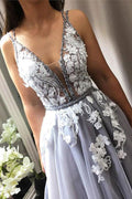 Gray v neck lace tulle prom dress, gray tulle evening dress