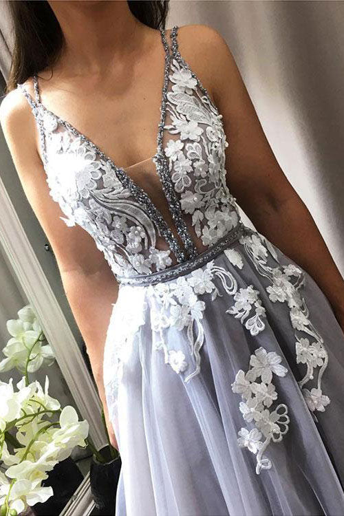 Gray v neck lace tulle prom dress, gray tulle evening dress