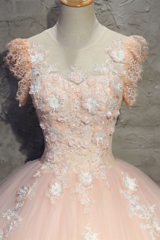 Pink tulle lace long prom dress, pink tulle evening dress