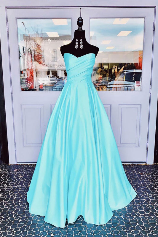 Simple blue satin long prom dress blue evening dress
