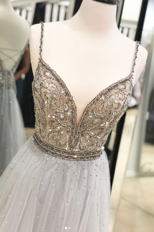 Gray tulle beads sequin long prom dress, gray tulle evening dress