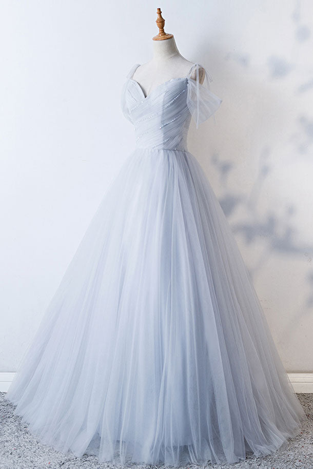 Gray sweetheart tulle long prom dress, gray evening dress