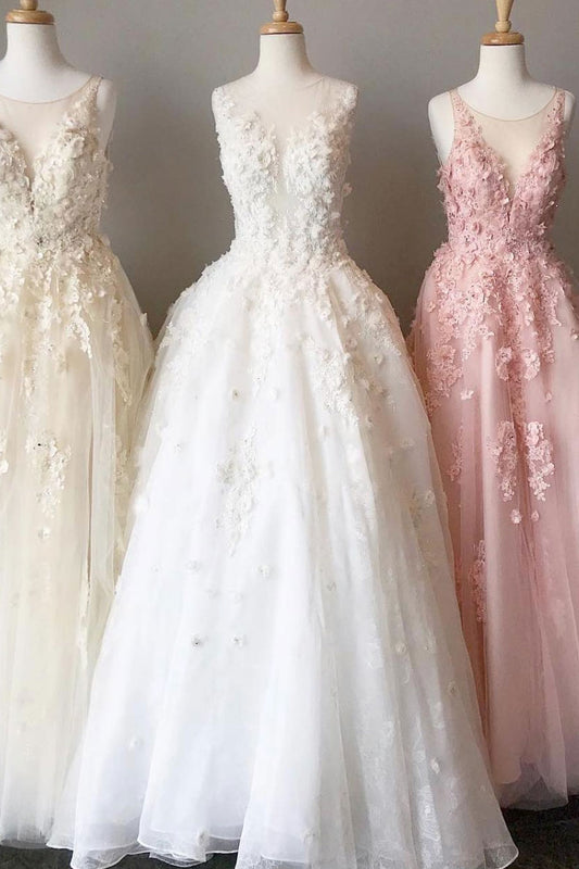 Unique round neck tulle flower long prom dress, tulle evening dress