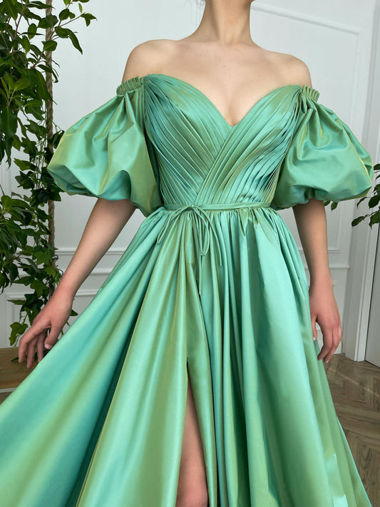 Simple green satin long prom dress, green evening dress