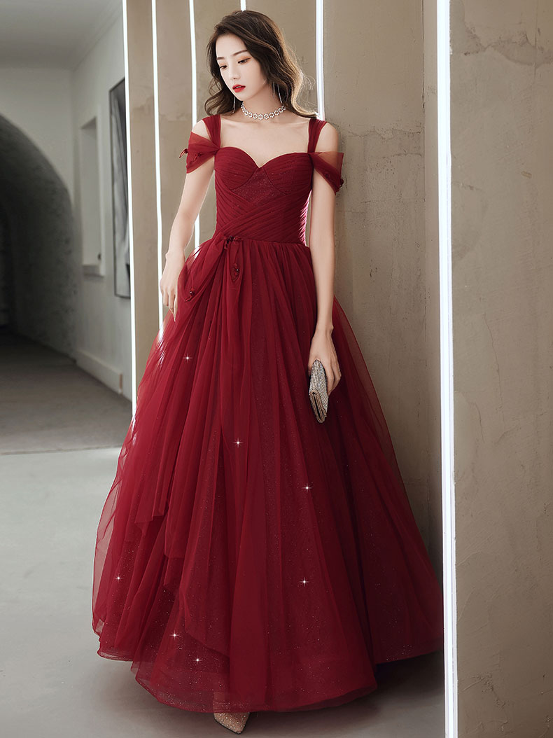 A-Line Sweetheart Neck Burgundy Long Prom Dress, Burgundy Evening Dress