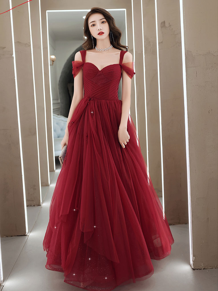A-Line Sweetheart Neck Burgundy Long Prom Dress, Burgundy Evening Dress