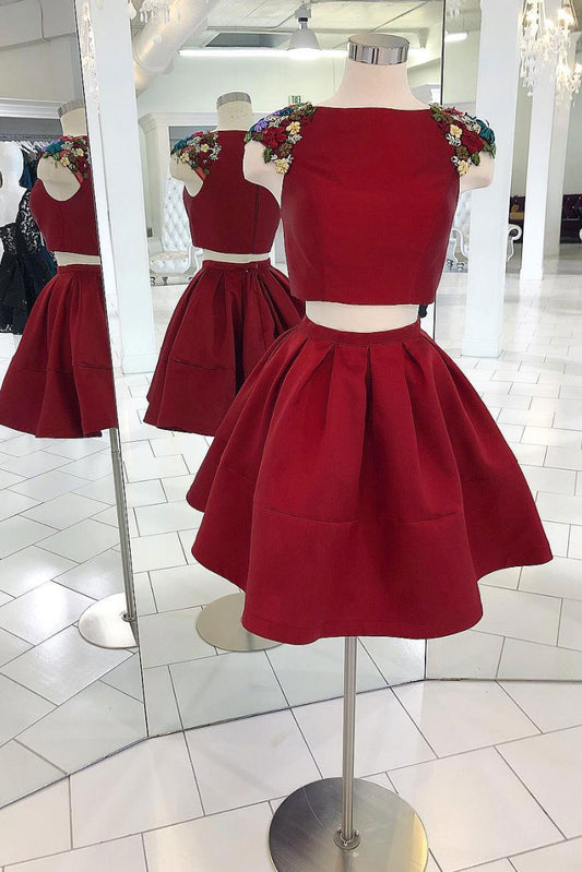 Burgundy two pieces satin short prom dress, burgundy homecoming dress