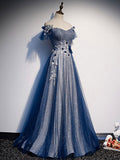 Blue tulle lace sequin long prom dress, blue tulle formal dress