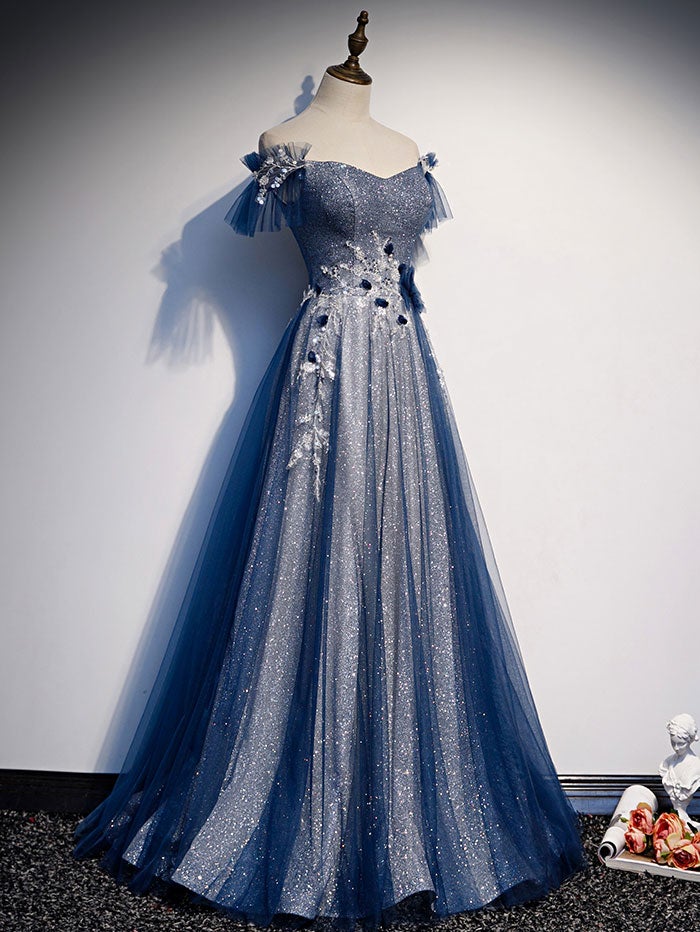 Blue tulle lace sequin long prom dress, blue tulle formal dress