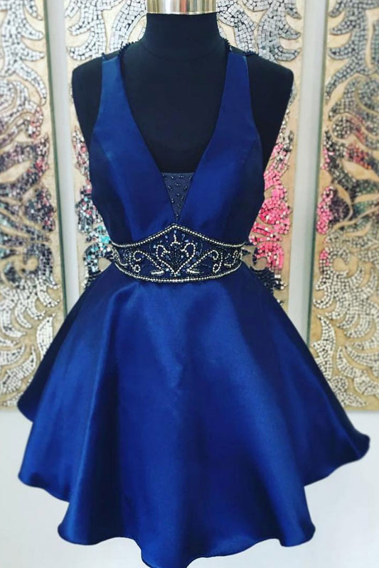 Blue v neck satin short prom dress, blue homecoming dress