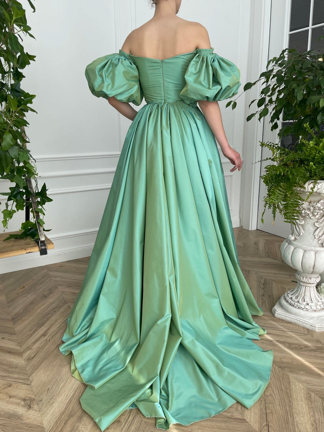 Simple green satin long prom dress, green evening dress