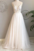 white v neck tulle lace long prom dress, white tulle evening dress
