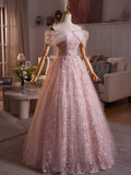 A-Line Off Shoulder Tulle Lace Pink Long Prom Dress, Pink Evening Dress