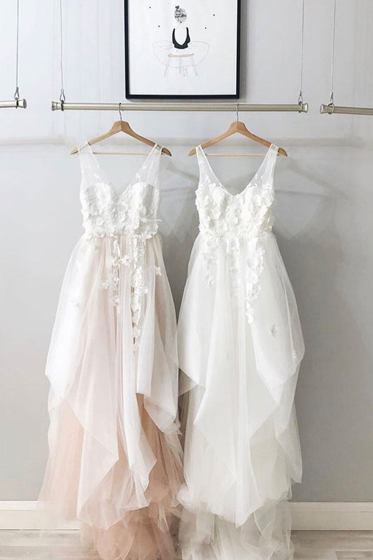 Simple v neck tulle lace long prom dress, lace evening dress