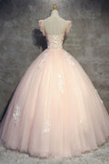 Pink tulle lace long prom dress, pink tulle evening dress