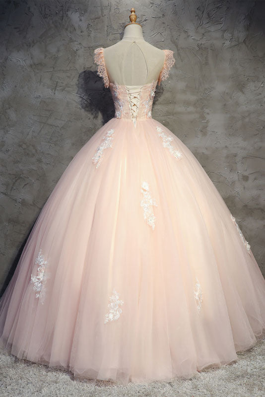 Pink tulle lace long prom dress, pink tulle evening dress