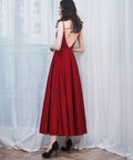 A-Line Satin Burgundy Prom Dress, Burgundy Tea Length Bridesmaid Dress